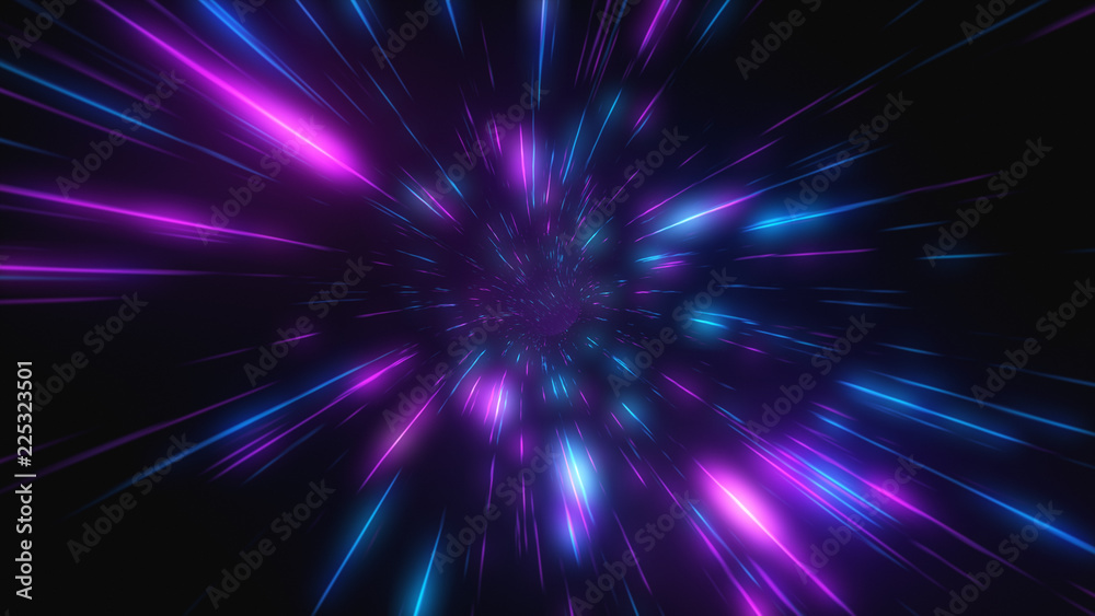 Abstract flight in retro neon hyper warp space in the tunnel 3d illustration - obrazy, fototapety, plakaty 