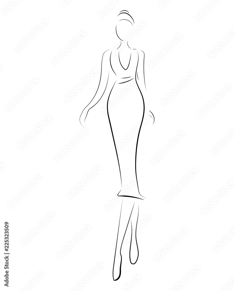 Girl in a dress. Linear outlines of a female figure in a dress. Silhouette of a Girl in a dress. Linear outlines of a female figure in a dress. Silhouette of a
