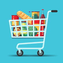 Full Supermarket Shopping Cart. Shop Trolley With Food. Grocery Store Vector Icon. Illustration Of Trolley And Cart For Supermarket, Food From Grocery Market