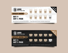 Loyalty Card For Cafe Coffee. Stamps Card Collect 9 Get 1 Free. Realistic Coffee Top View Vector And Illustration Isolated On White Background 