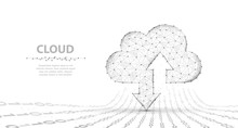 Cloud Technology. Abstract Polygonal Wireframe Cloud Storage Sign With Two Arrows Up And Down Isolated On White With Dots.