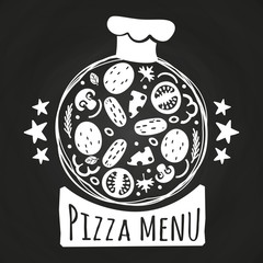 Poster - Chalk board pizza. Pizzeria menu chalk banner vector design isolated on black illustration