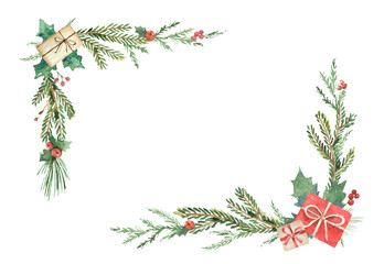 Wall Mural - watercolor christmas wreath with fir branches and place for text.