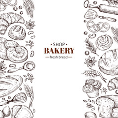 Bakery vector retro background with hand drawn doodle bread. Illustration bakery and bread shop, vintage drawing poster