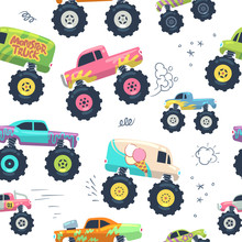 Monster Cars Seamless Pattern. Kid Trucks With Big Wheel. Vector Endless Background. Pattern And Background Seamless, Monster Car With Large Wheel Illustration