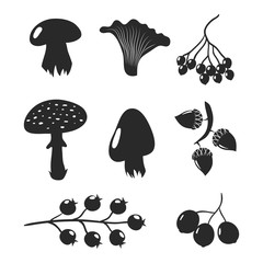 Canvas Print - Mushrooms and berries black silhouettes isolated on white background. Autumn forest objects vector illustration