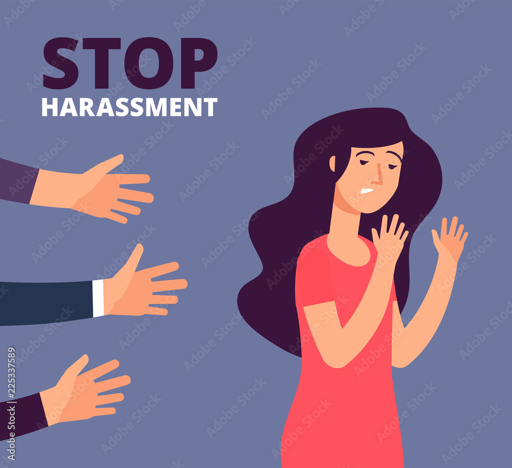 Sexual harassment concept. Woman and mans hands. Stop abuse, against violence vector background. Stop harassment and abuse, no sexual violence illustration - obrazy, fototapety, plakaty 