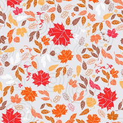 Wall Mural - Vector seamless pattern of autumn leaves and flowers. Background for textile or book covers, wallpapers, design, graphic art, printing, hobby, invitation.