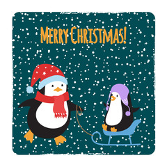 Sticker - Cute cartoon family penguins Christmas cards design isolated on white. Vector illustration