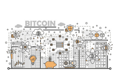 Wall Mural - Vector thin line art bitcoin poster banner