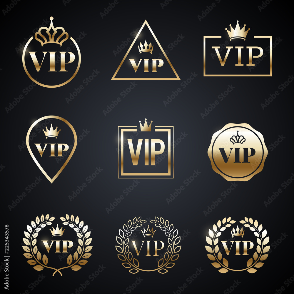 Golden VIP label set isolated on dark background. Symbol of exclusivity. Vip icons with crown, frame and laurel wreath. Luxury premium badge. Decoration elements for your design. Vector eps 10. - obrazy, fototapety, plakaty 