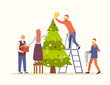 © alexandertrou - People decorating big Christmas tree vector flat illustration. Family decorates the tree for new year and christmas. Preparation for winter holidays. Eps 10.