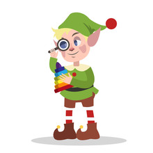 Cute Christmas Elf In Green Clothes Making Toy