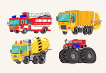 Funny Cute Hand Drawn Cartoon Vehicles. Bright Cartoon Fire Truck, Fire Engine, Garbage Truck, Concrete Mixer Truck, And Monster Truck. Transport Child Items Vector Illustration On Light Background