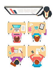 Sticker - Class top view. Students and teacher learning in college classroom with blackboard vector illustration. School class education, teacher college training