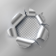 Wall Mural - Bullet hole in metal. Opening with ripped steel edges. Vector illustration isolated on transparent background. Metallic aperture and edge projectile