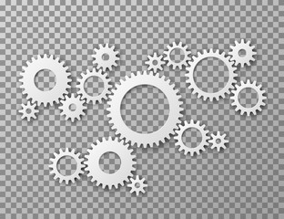 Sticker - Gears background. Cogwheels gearing isolated on transparent background. Machine components industrial and engineering vector concept. Illustration of gear cogwheel, mechanical mechanism process