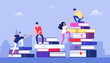 People climbing books. Business success, education level and staff and skill development vector concept. School study people, success student learn books illustration
