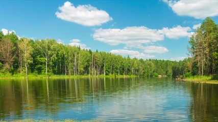 Wall Mural - Full HD timelapse, Beautiful forest lake and blue sky at sunny day.