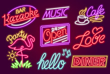 Set Of Fashion Neon Sign. Night Bright Signboard, Glowing Light Banner. Summer Logo, Emblem. Club Or Bar On Dark Background. Editable Vector. Pink Coffee Hello Love Open Karaoke Music Flamingo Party