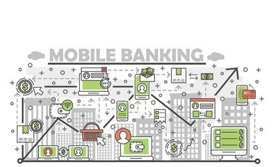 Poster - vector thin line art mobile banking poster banner