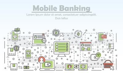 Poster - vector thin line art mobile banking poster banner