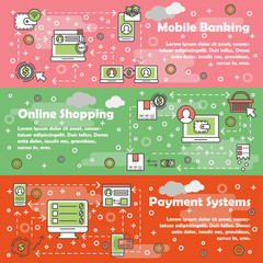 Poster - vector thin line art mobile banking web banner set