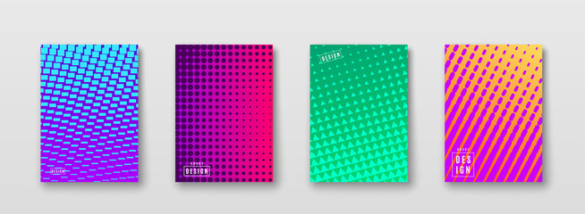 Fototapete - Abstract background with color elements halftone texture. Bright geometric gradient pattern poster design. Trend minimal cover. Blue, pink, yellow, green placard template. Vector illustration.