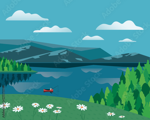 Mountain Green Valley Landscape Summer Season Lake Scenic View Poster Flowers On River Bank In Alps Mountains Colorful Cartoon Wild Nature Scene Vector Countryside Banner Background Illustration Buy This Stock Vector