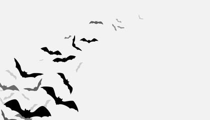 Wall Mural - Halloween flying bats background. Creepy silhouette flittermouse group isolated on white. Vector illustration.