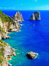 Overlooking The Beautiful Coastline Of The Capri Island In Italy In Summer.