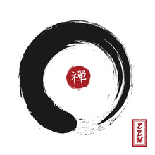 Enso Zen Circle Style . Sumi E Design . Black Color . Red Circular Stamp And Kanji Calligraphy ( Chinese . Japanese ) Alphabet Translation Meaning Zen . White Isolated Background . Vector Illustration