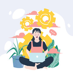 The woman is working on the development of the design concept idea project. people help to generate an idea. creative business project. vector illustration. Gear metaphor as a workflow