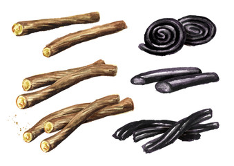 Licorice root and Licorice candy set. Watercolor hand drawn illustration isolated on white background