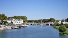 Focus On The Centre Of Angers, Where The Maine River Flows. View On The Verdun Bridge, A Famous Monument In The City And The River Banks.The City Is Located In Western France.