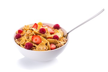 Bowl of Cornflakes with Raspberries and Strawberries