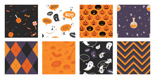 Set Of Halloween Seamless Pattern Set For Poster, Card, Banner Or Background For Trick Or Treat Halloween Party. Vector Illustration
