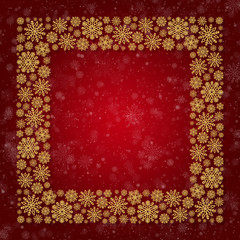 Wall Mural - Christmas frame with golden snowflakes on a red background. Border of sequin confetti. Glitter powder sparkling background