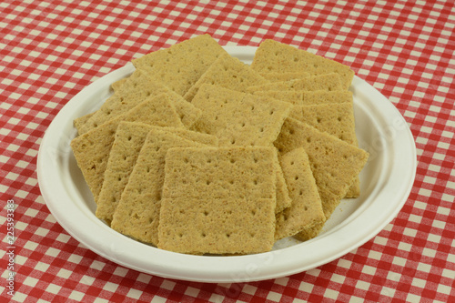 Fotografie, Obraz Graham cracker squares snack on white eco-friendly disposable plate in red check