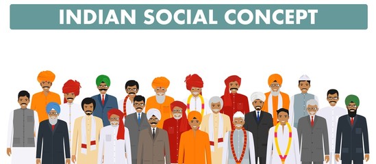 Wall Mural - Family and social concept. Group young and senior indian people standing together in different traditional clothes on white background in flat style. Vector illustration.