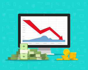 Loss money on computer stocks graphs, vector illustration, flat cartoon pc and cash charts down arrow on screen, concept of unsuccessful financial trading, bad revenue or economy budget fail