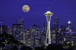 Full moon rising over the city of Seattle