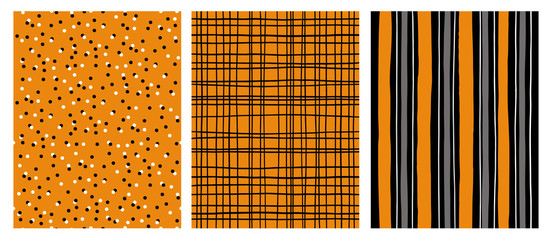 Hand Drawn Infantile Style Vector Patterns.Orange,Gray and Black Stripes  on a White Background. Black Grid On an Orange Backround.White and Black Dots on an Orange Background. Cute Simple Design.