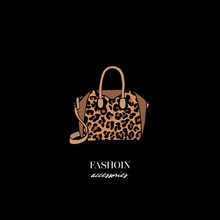 Hand Drawn Graphic Leopard Bag, Lettering. Fashion Minimalist Illustration. Beautiful Design Elements, Perfect For Prints. Big Vector Fashion Illustration Accessories Sketch. Isolated Fashion Elements