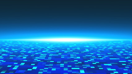 Poster - 3d technology background with surface with squares and lighting horizon, 3d rendering for science or technology