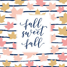 Fall Sweet Fall Beautiful Slogan, Fashion Poster, Card, Shirt. Typography Illustration With Peachy Pink Color, Stroke And Leaves Pattern. Vector Autumn Background