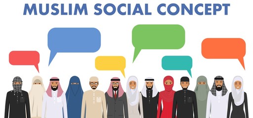 Wall Mural - Family and social concept. Group young muslim people standing together and speech bubble in different traditional islamic clothes on white background in flat style. Arab man and woman. Vector.