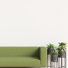 Interior Wall Gallery Mockup with Furniture and Plant Decoration