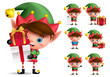 Christmas elf vector character set. Boy elves with green costume holding gifts and playing isolated in white background. Vector illustration.
