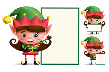 Wall Mural - Girl christmas elf vector character set holding empty white board with space for text isolated in white background. Vector illustration.
